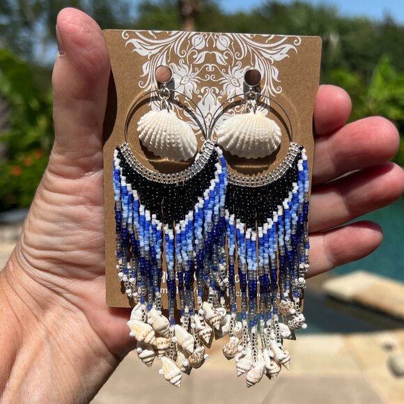 Handmade Beaded Long Tassel Fringe Dangle Drop Mermaid Post Shell Earrings - Picture 3 of 7